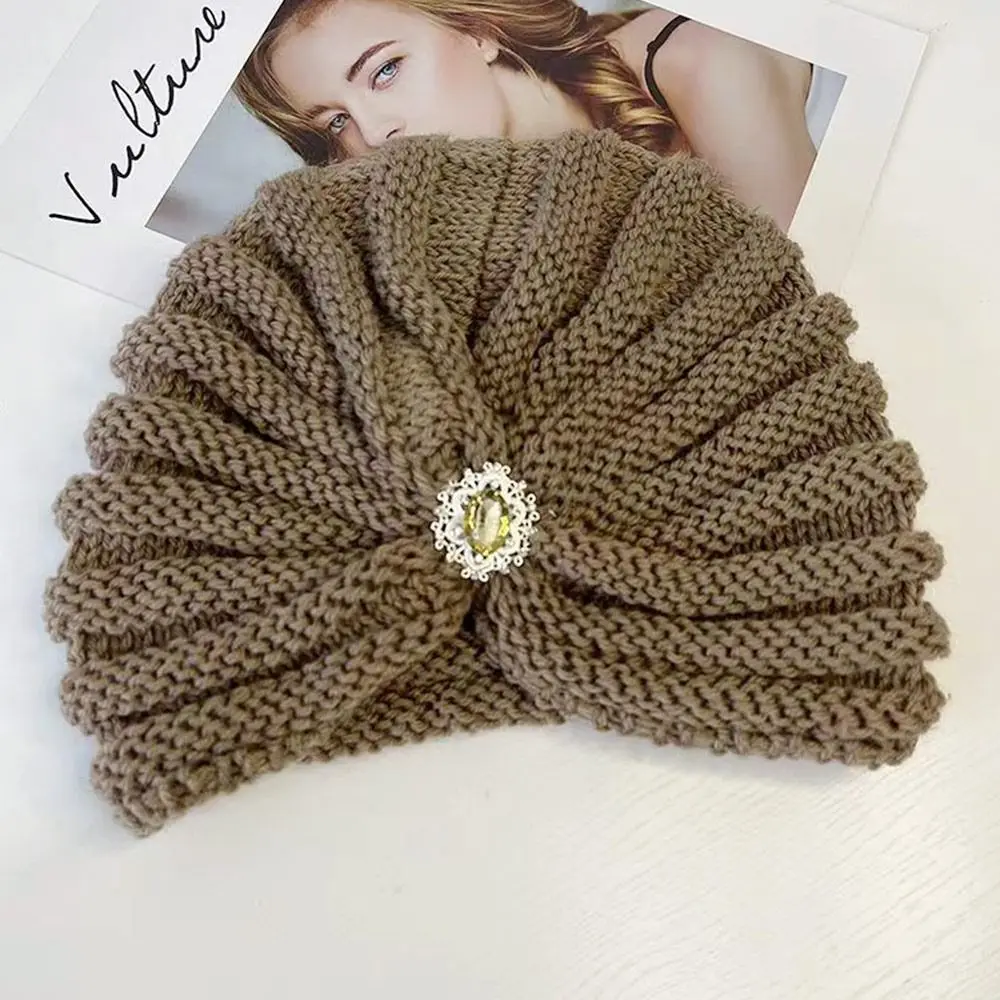 Fashion Winter Warm Hijab Caps Thick Soft Bohemia Turban Diamond Jewelry Wool Knitting Knitted Hats for Women 2