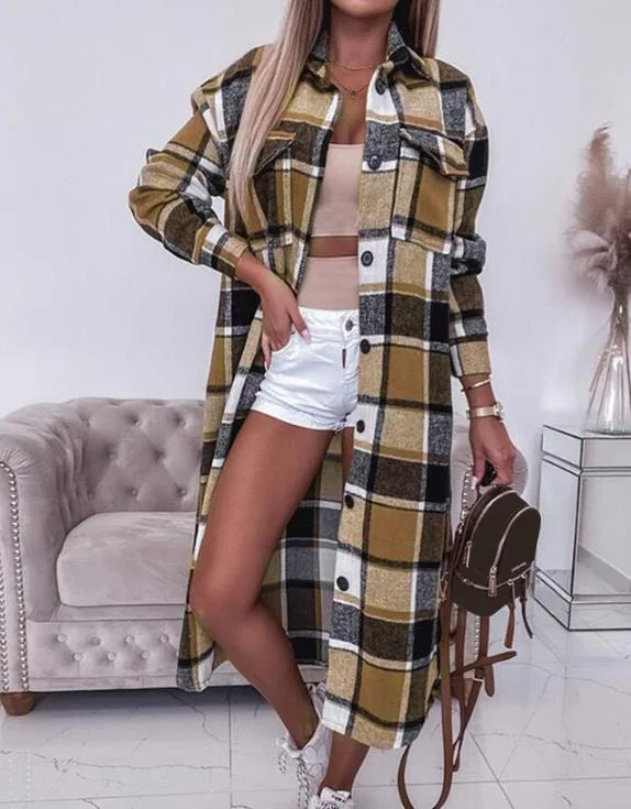 

Women's Woolen Long Windbreaker 2023 Plaid Print Buttoned Pocket Design Longline Coat Midi Retro Polo Collar Windbreaker Jacket