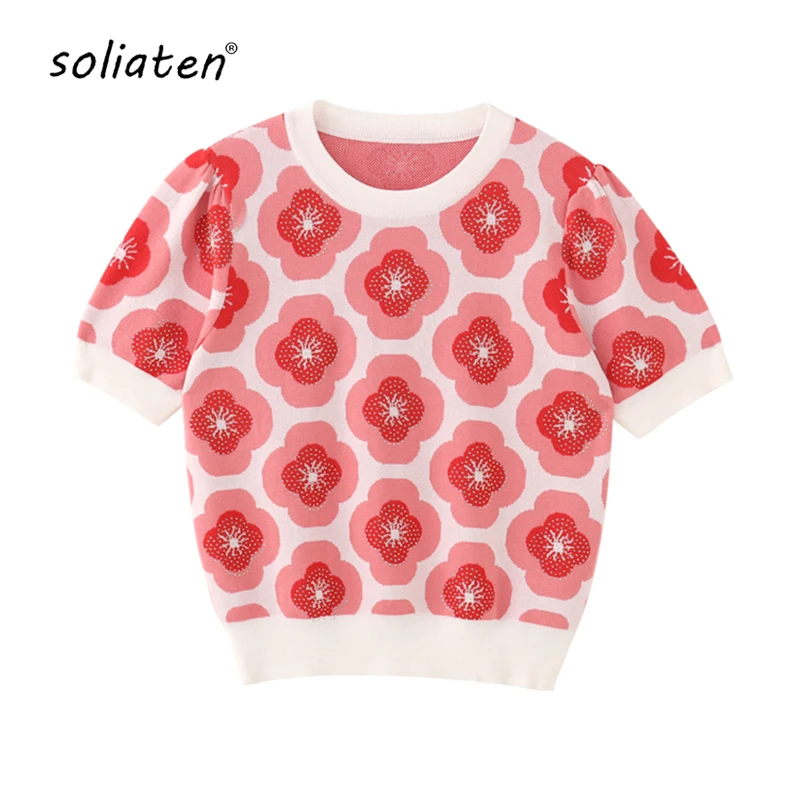 

Summer Knitwears Women Floral Hot drilling Short Sleeve Casual Sweater Pullovers New In Clothes Traf Top B-076