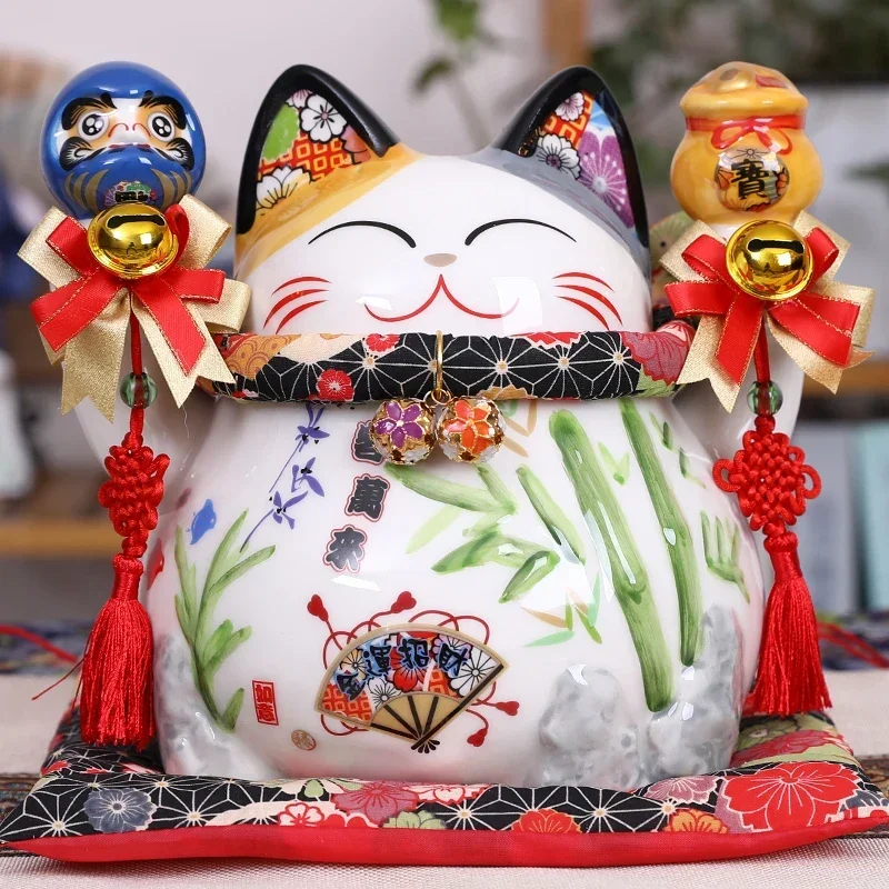 

9 Inch Ceramic Maneki Neko Coin Bank Lucky Fortune Cat Daruma Money Box for Wealth Feng Shui Home Decorative Ornament