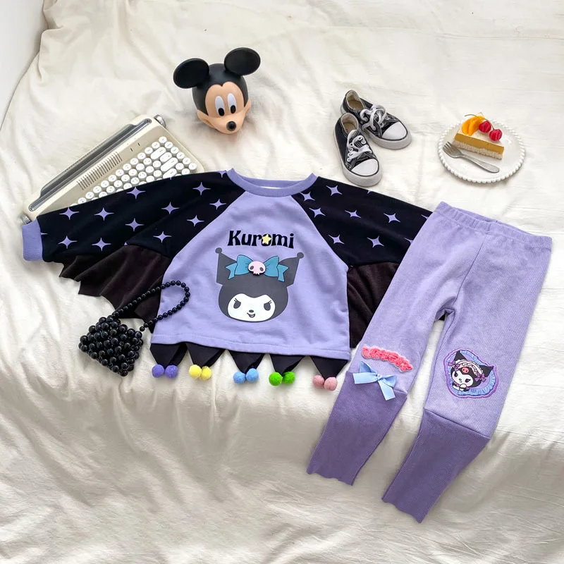 

New Sanrio Girls' Sweater Set Korean Cartoon Kawaii Kuromi Spring and Autumn Bat Sleeves Long Sleeved Top Leggings Two Piece Set
