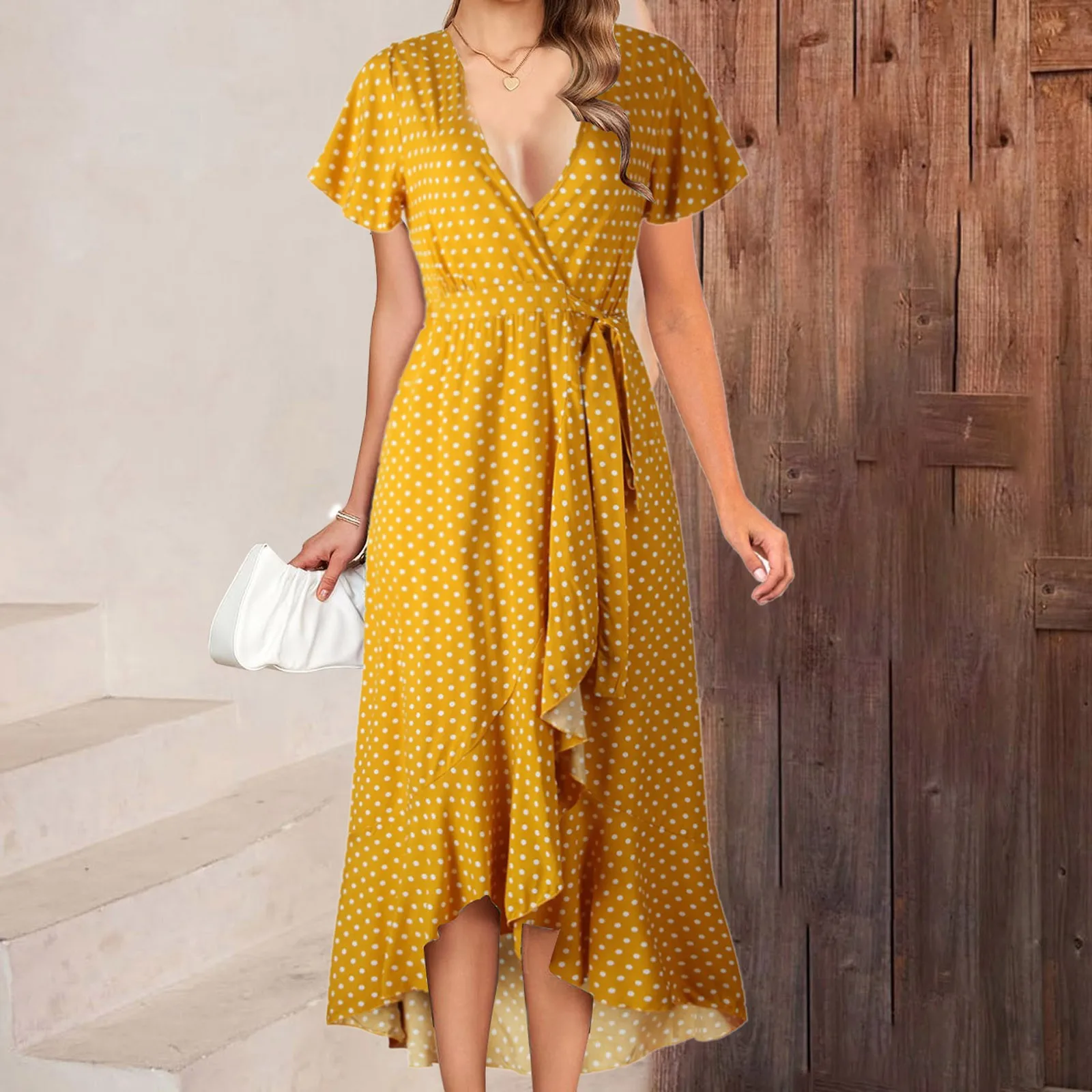 

Dot Printed Long Dress For Women Summer V-Neck Ruffles Short Sleeve Solid Maxi Dress Female Slim Waist Irregular Hem Dresses