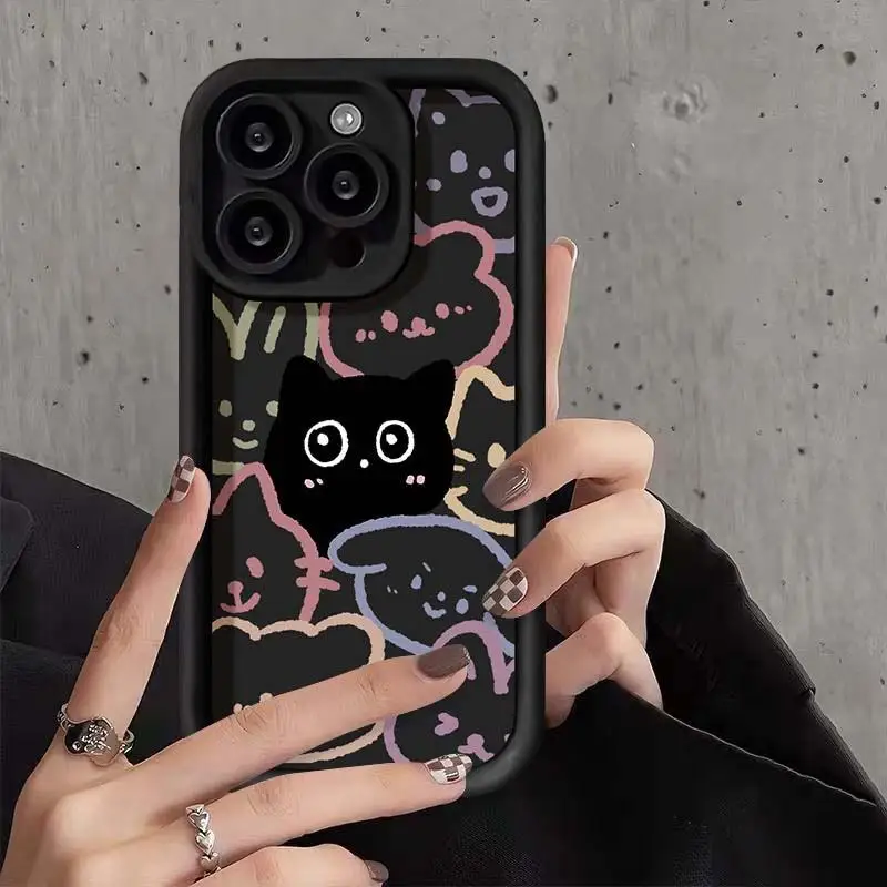 Adorable Black Cat Couple Silicone Soft Phone Case - Y2K Cartoon Design