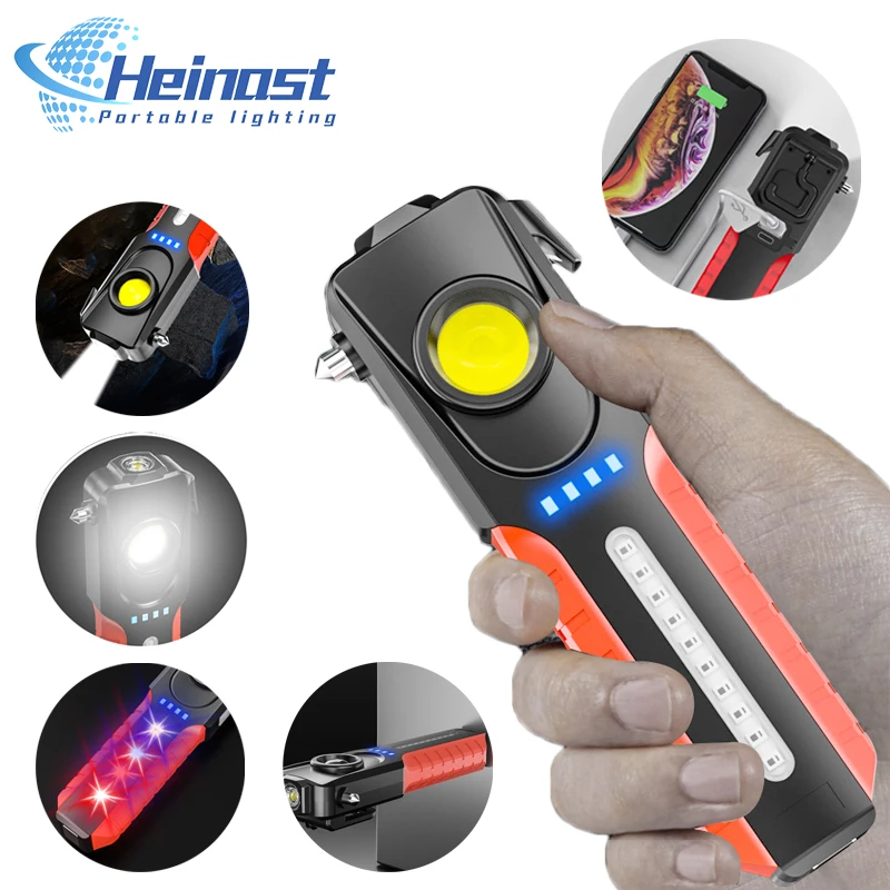 

New COB Work Light Type-C Charging Multi-function Vehicle Inspection Light on Board Safety Hammer Flashlight Power Bank Function