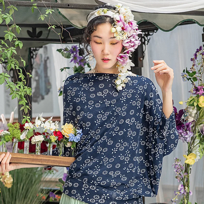 

A Life On The Left Women Knitwear Long Sleeves Boat Neck Loose Sweater Traditional Chrysanthemum Print Vintage Design Navy Tops