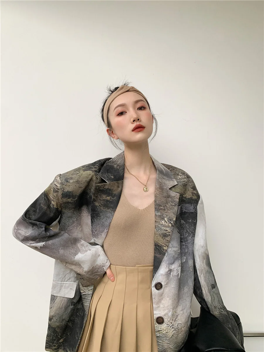 Sa8c920db4fb548d0ab05cbd003f7f17a8 - Spring / Autumn Notched Collar Abstract Painting Print Loose Single-Breasted Blazer