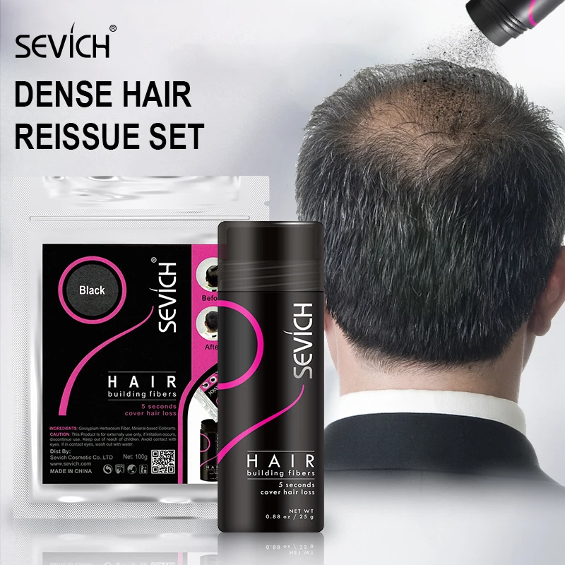 Sevich 2PCS/Kit Thickening Hair Products 100g Keratin Hair Building Fiber Powder 10 Colors 25g Instant Hair Growth Fiber Spray sevich 3pcs set hair building fibers 2pcs 25g keratinthicken powder hair fiber spray nozzle applicator pump hair loss products