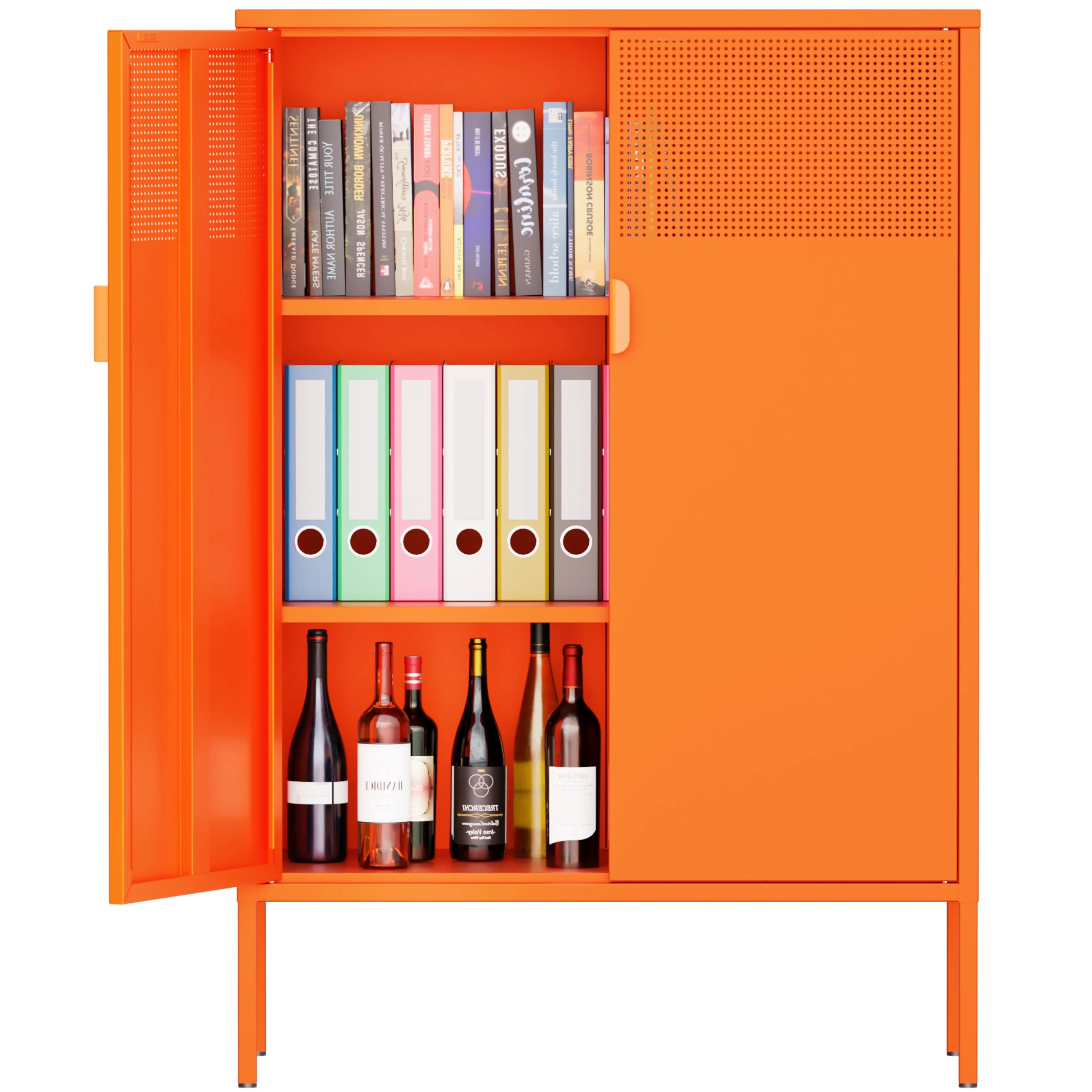 Orange 3 Tier Metal Storage Cabinet with Legs, 2 Door Metal Locker for Home, Office, Entryway and Hallway 2