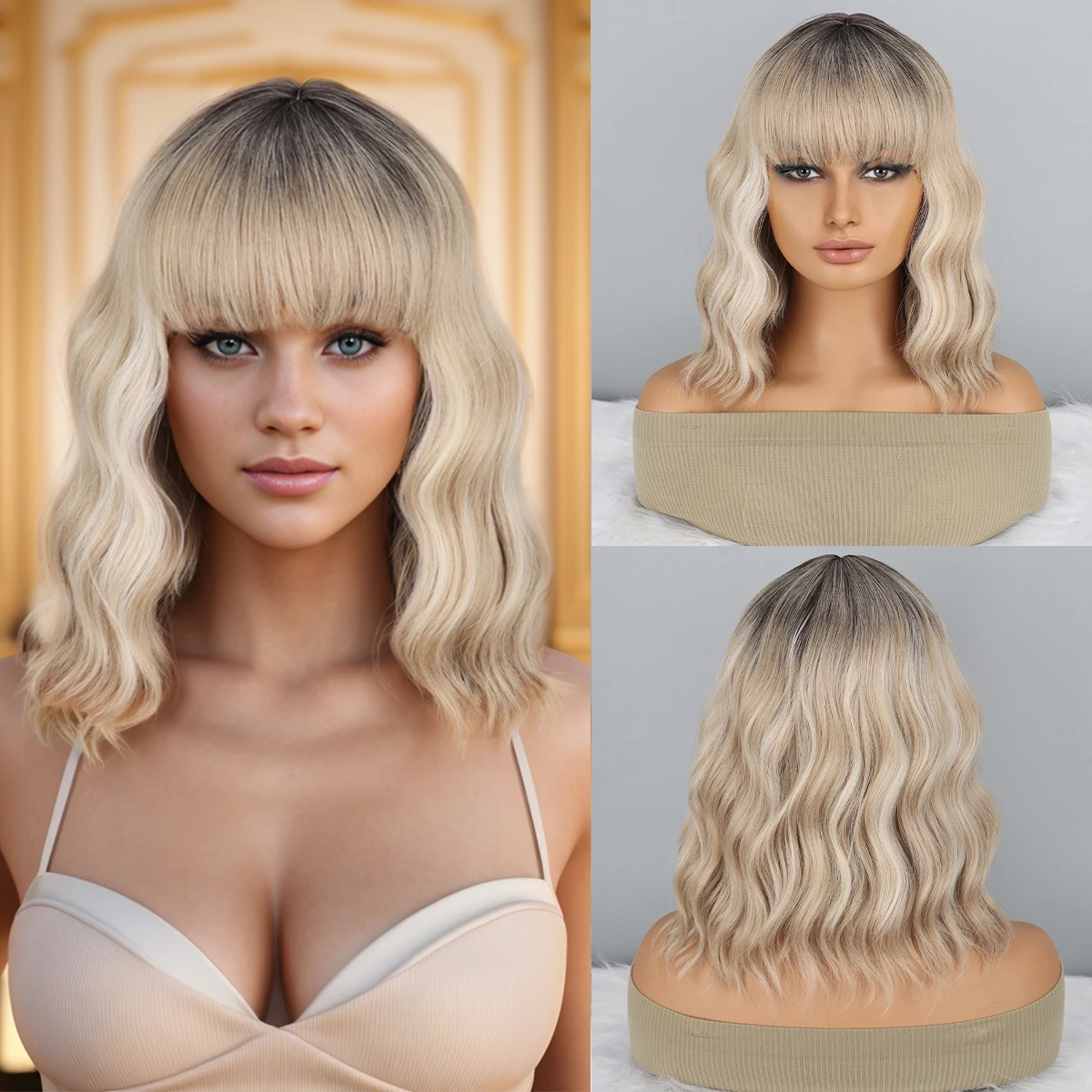 

Short Bob Synthetic Wigs for Women Short Wavy Wigs with Bangs Wavy Bob Wig Black gold Wig Heat Resistant Fiber Cosplay hair