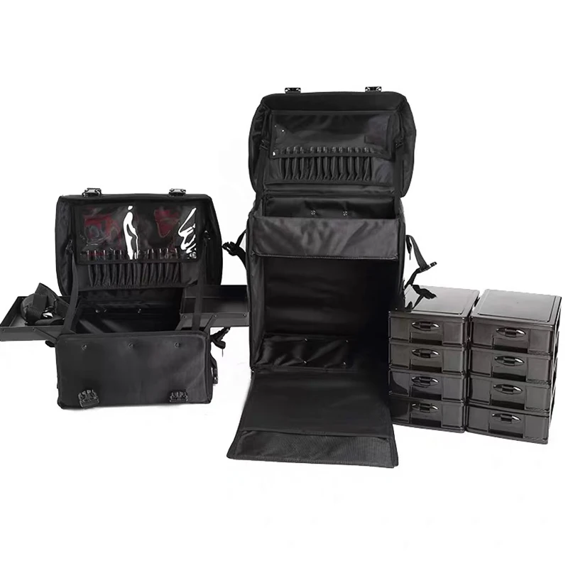Professional trolley makeup luggage box suitcase fabric embroidery tool large-capacity set cosmetic black beauty case |