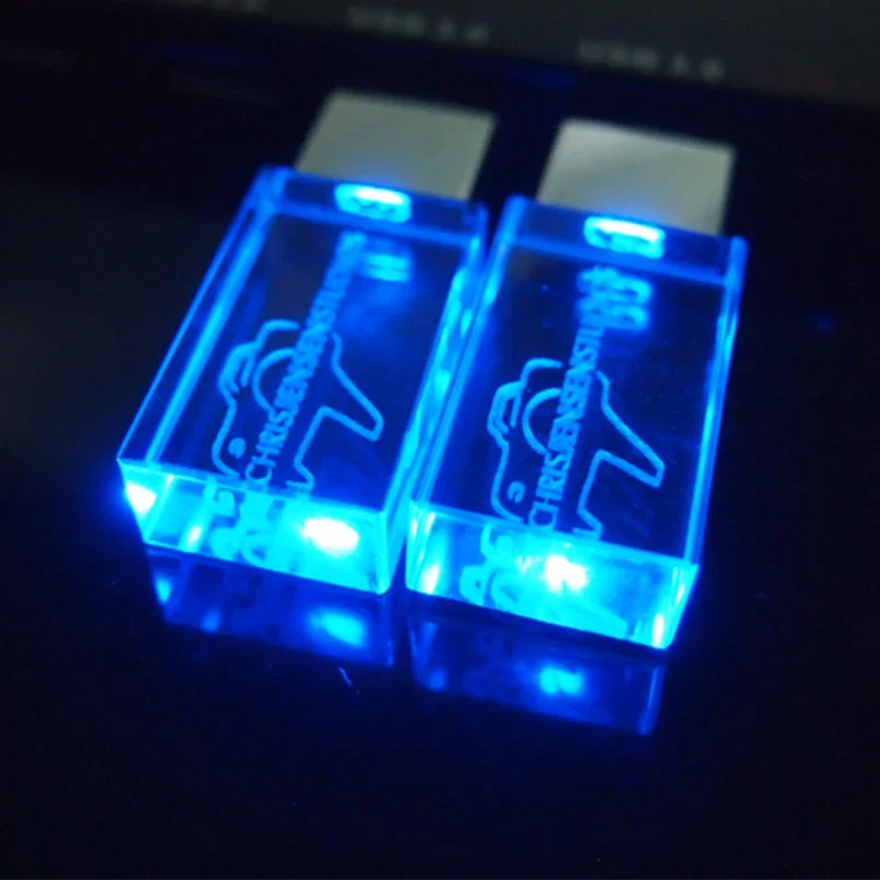 Pendrive 크리스탈 LED 라이트 USB 플래시 드라이브, 금속 2.0 메모리 스틱, 3D 로고 개인화, 4GB, 8GB, 64GB, 32GB, 16GB, 128GB, 로트당 20 개
