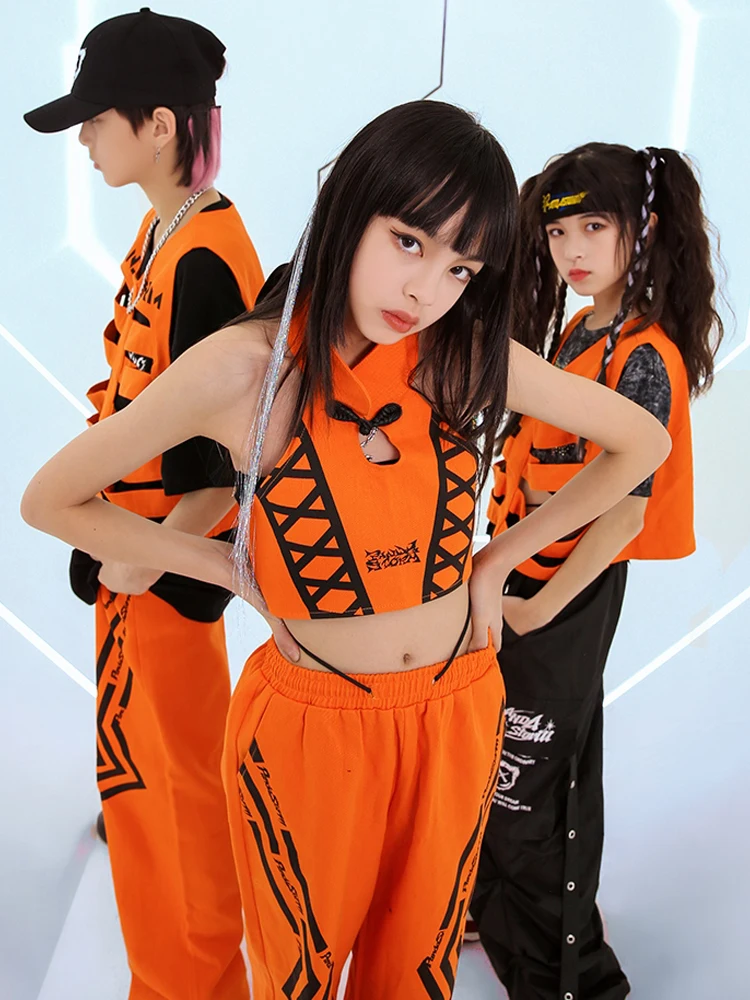 

2024 Kids Hip Hop Clothing Orange Vest Pants Suit Girls Jazz Performance Costume Modern Dance Clothes Fashion Stage Wear BL12873