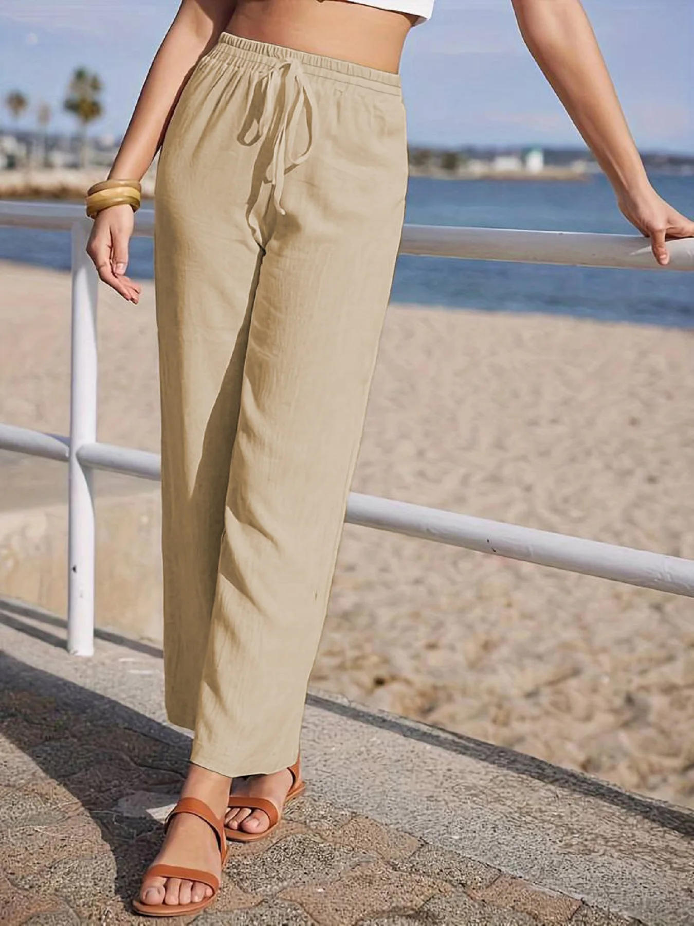 New Summer WOMEN'S High Waist Casual Loose Straight Cotton Linen Wide Leg Pants