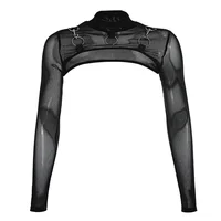 Col roulé en maille gothique pour femme, voir à travers les manches longues, BEmbed o Shrug Crop, Y-Black O-Ring Metal Tative 1