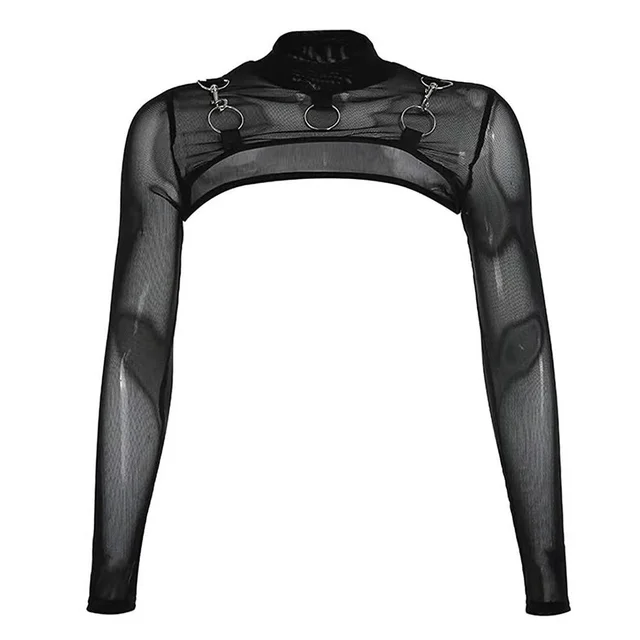 Col roulé en maille gothique pour femme, voir à travers les manches longues, BEmbed o Shrug Crop, Y-Black O-Ring Metal Tative 1