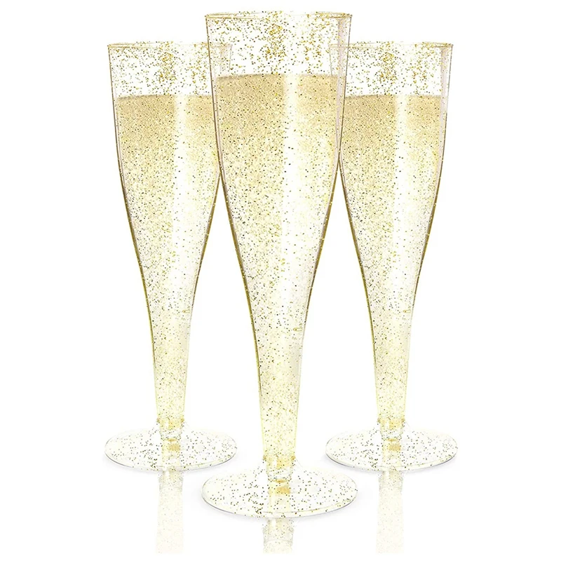 

HOT SALE Plastic Champagne Flutes Disposable Gold Glitter Plastic Champagne Glasses For Parties Mimosa Shower Party Supplies