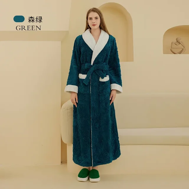 Warm Jacquard Flannel Bathrobe Women Winter Sleepwear Long Nightwear Couple Men Bath Gown 1