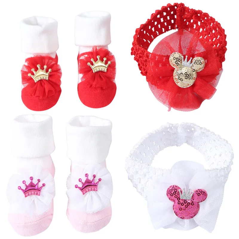

0-12M Toddler Baby Girl Headband Socks Pack 2pcs Set Flower Crown Princess Infant Newborn Bebe Headwear Socks Wholesale Cheap