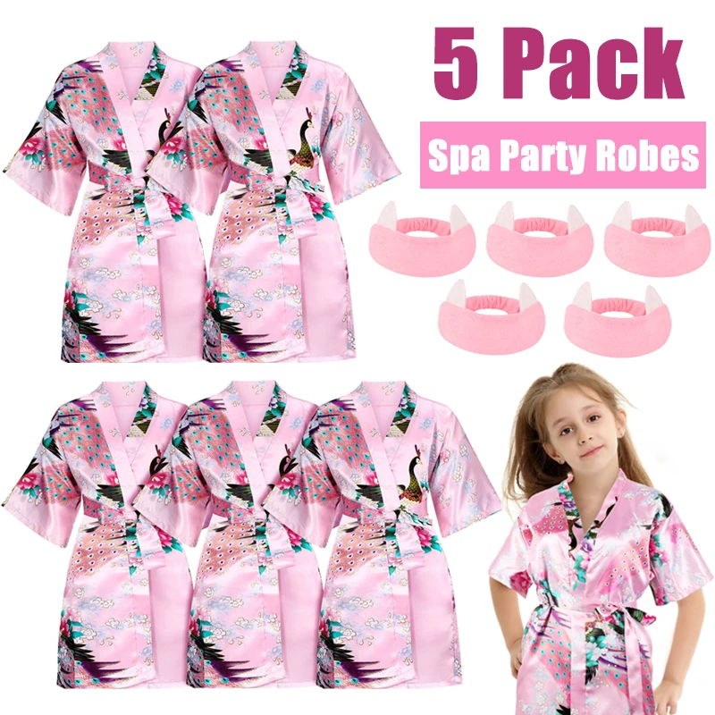 

5 Pack Spa Party Robes Birthday Squad Robes Silk Satin Flower Slumber Kimono Robes DIY Bathrobes with Cat Ear Headband for Girls