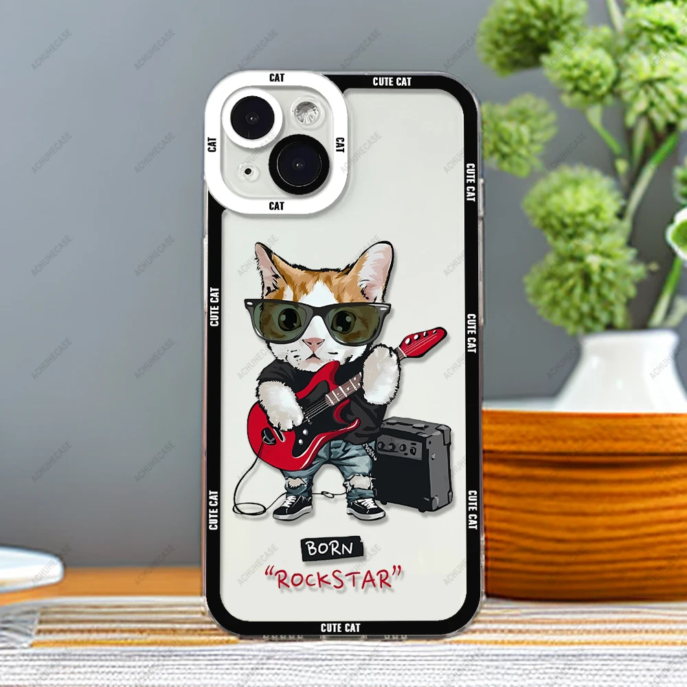thumbnail image 1 of Guitar Cat Phone Case For iPhone 16 Plus 15 14 13 12 Pro Max Mini 11 XS X XR Soft Silicone Cover, 1 of 5