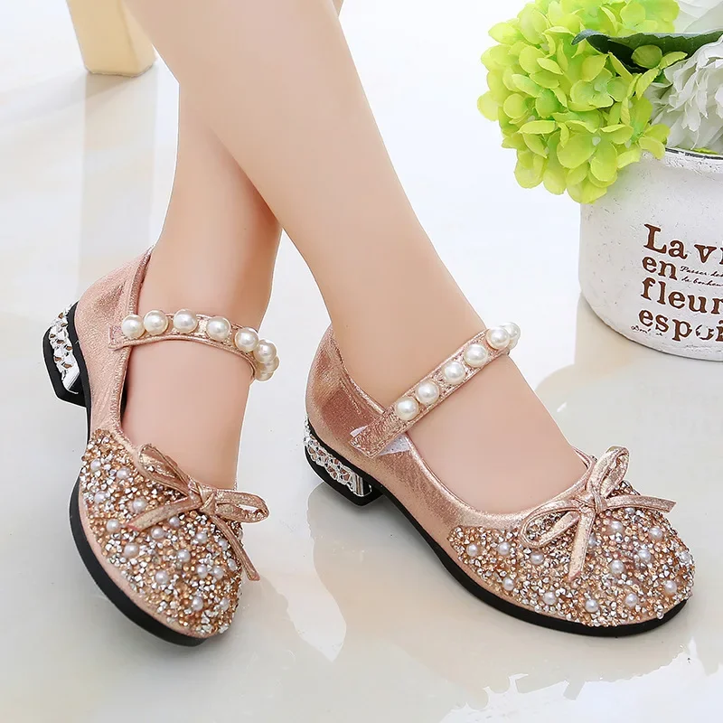 Fashion Children Princess Leather Shoes for Girls Crystal Summer Party Wedding Performance Soft Sweet Pearl Single Shoes