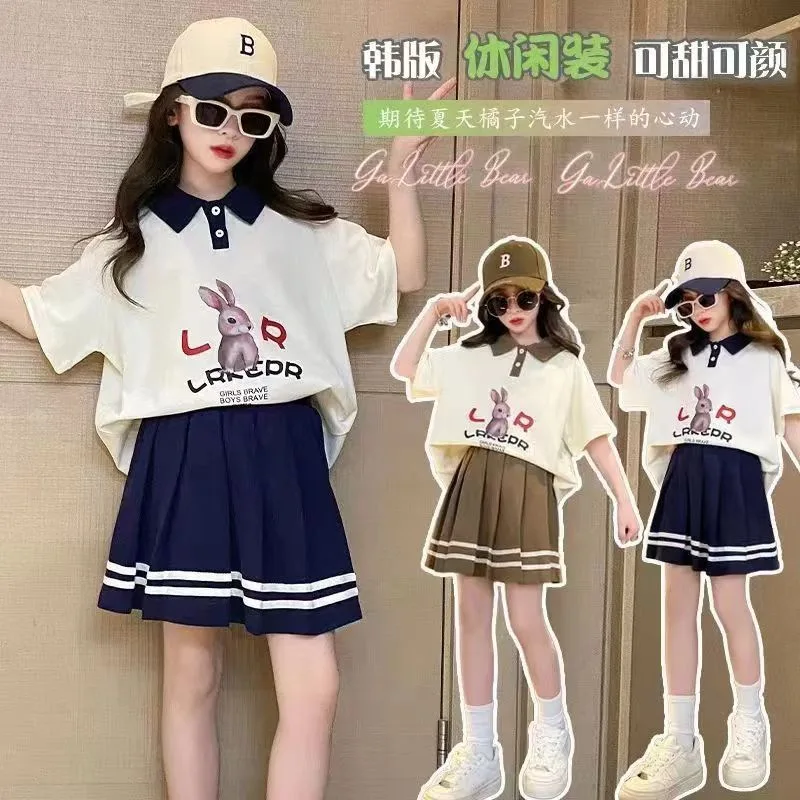 

Girls' College Style JK Skirt Suit Summer Sweet Polo Shirt+Pleated Skirt Two-piece Set for Outer Wear Children's Sets Longuewear