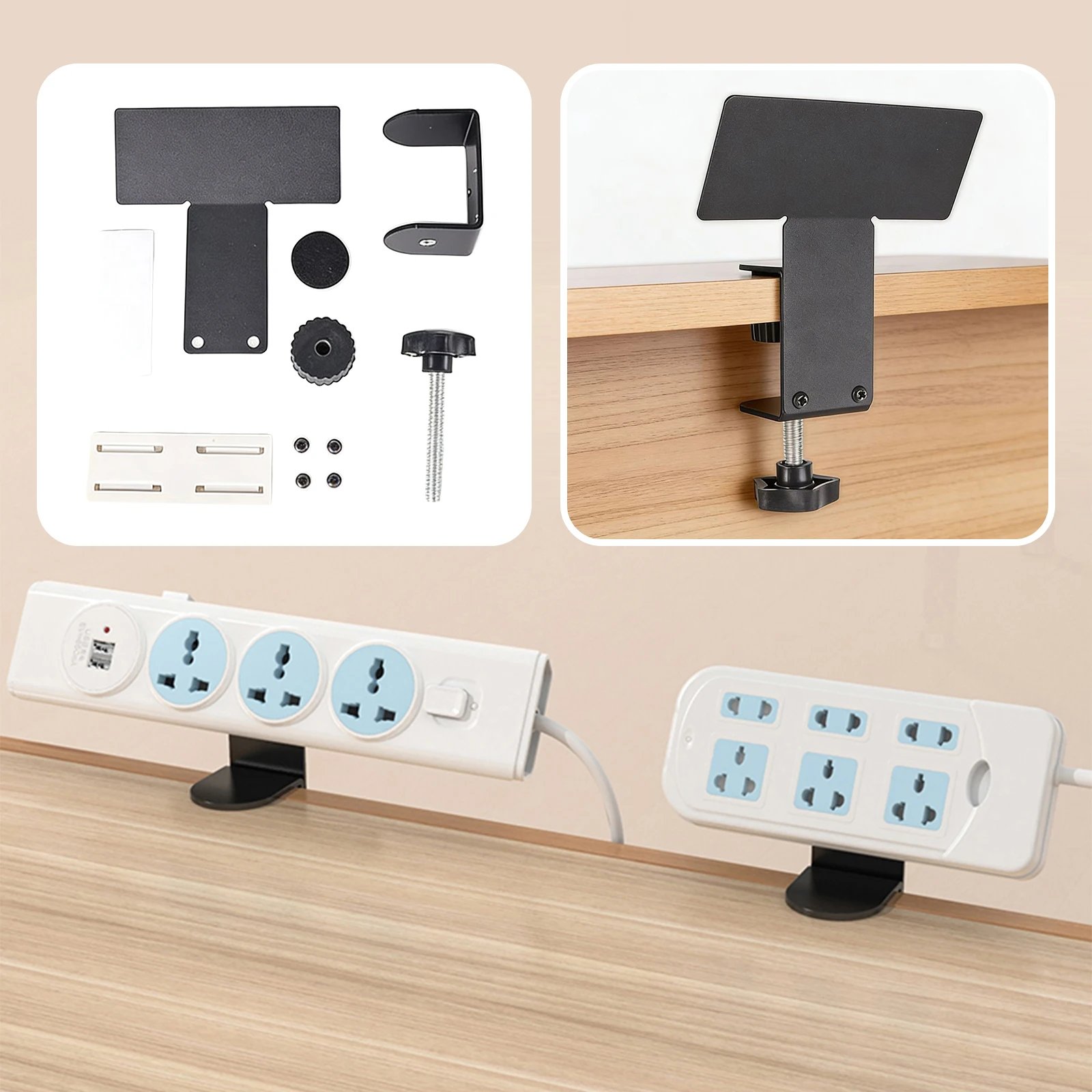 책상 아래 전원 스트립 홀더, 드릴 없이 설치하는 케이블 정리 트레이, 미끄럼 방지 전원 스트립 마운팅 브래킷 (가정 및 사무실용)