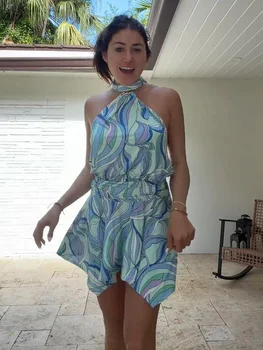 Print Dress Women's Floral Printed Dress Halter Neck Flared Asymmetric Hem Summer Mini Dress Beach Vacation Wear Woman Clothes 1