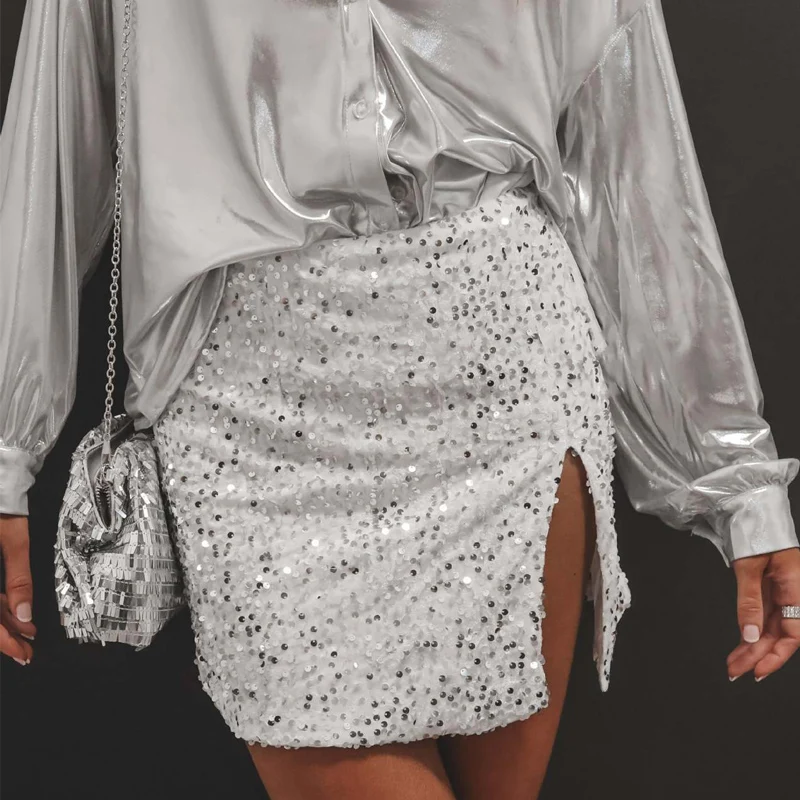 

Chic Sequin Bling High Waist Mini Skirt Clubwear Casual Fashion Solid Lady Slit Skirts Women Commute Wrap Hip Slim Bodycon Skirt