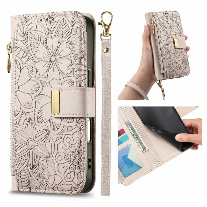 Magnetic Leather Zip Wallet Phone Case with Lanyard