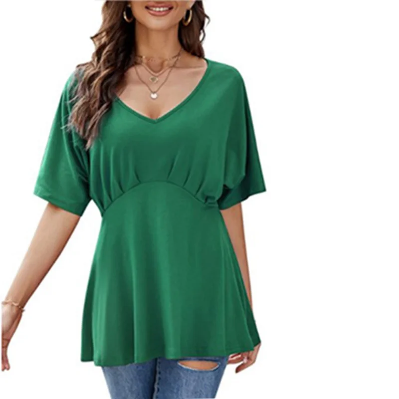 

Lady Summer V-neck Bat Style Short Sleeved Casual Ruffle Shirt Tunic Lady Green Color Long Length Tops Women T-shirt Blouse 2023