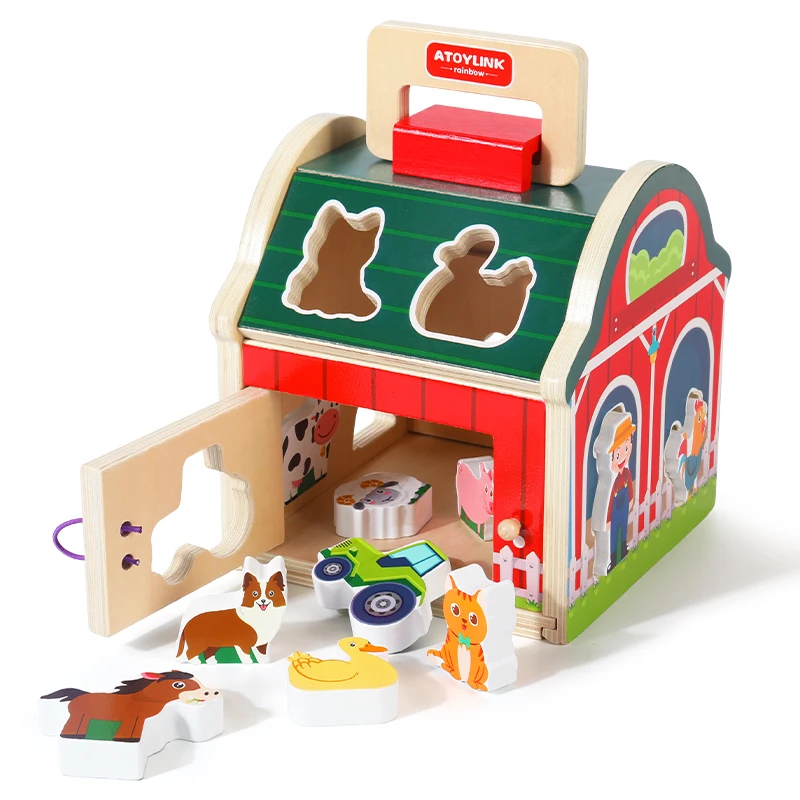 Baby Wooden Matching House Toys Montessori Toys Farm Animal Color Shape Sorting Building Blocks Early Education Games Gifts 3