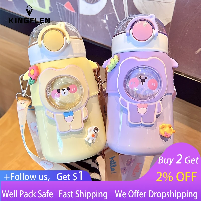 

600ml 1pc 20.28oz Stainless Steel Insulated Cup, Cute Cartoon Water Bottle, Portable Straw Cup