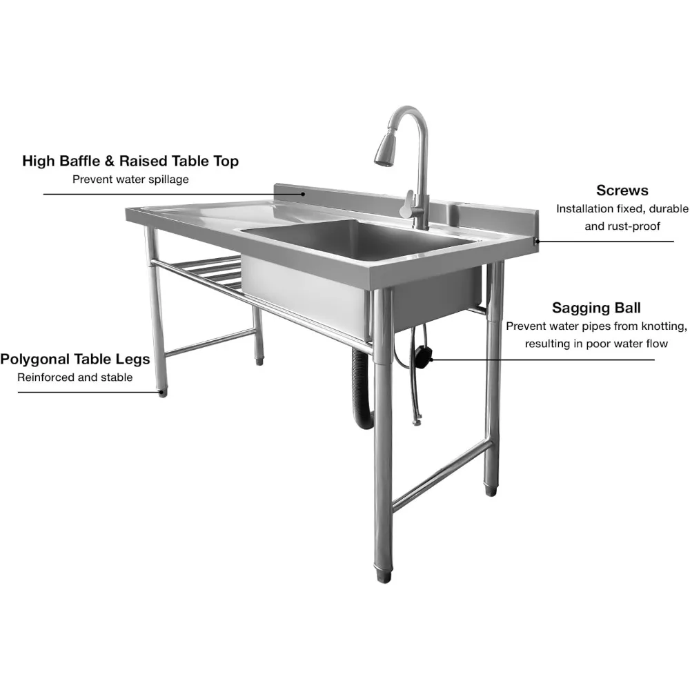 Commercial Restaurant Sink, Steel Utility Sink Free-standing Kitchen Sink, Freestanding Outdoor Sink with Pull-Out Faucet 3