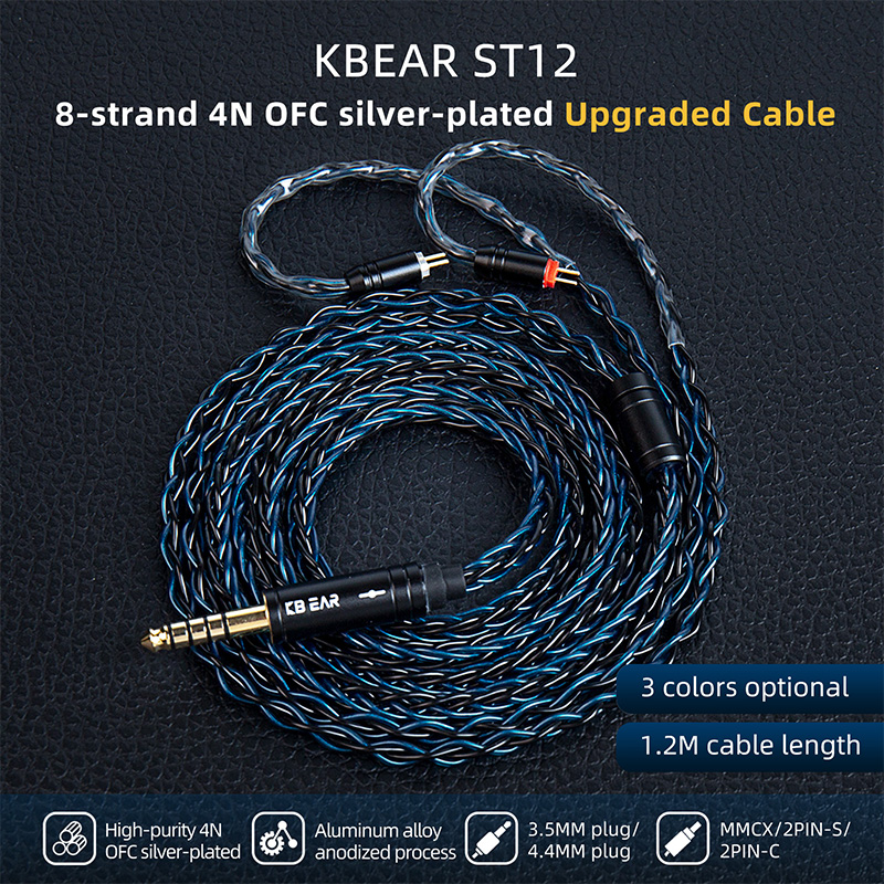KBEAR ST12  8 core HiFi Earphone 4N OFC silver-plated Upgraded Cable  3.5/4.4mm MMCX/0.78mm 2Pin for Lark Rosefinch KS1