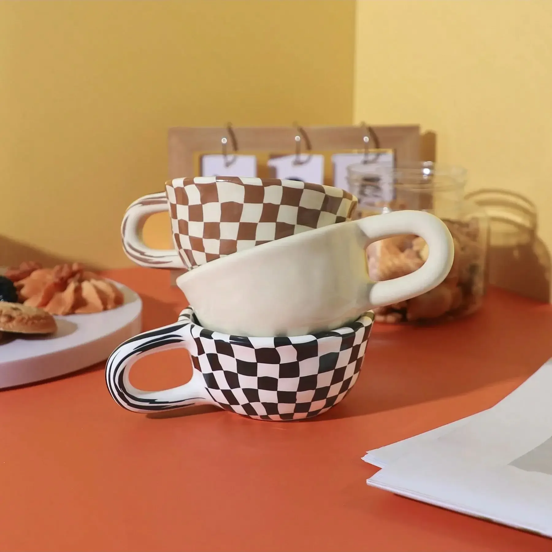 1pc-Creative Ceramic Checkered Pattern Tea Cup