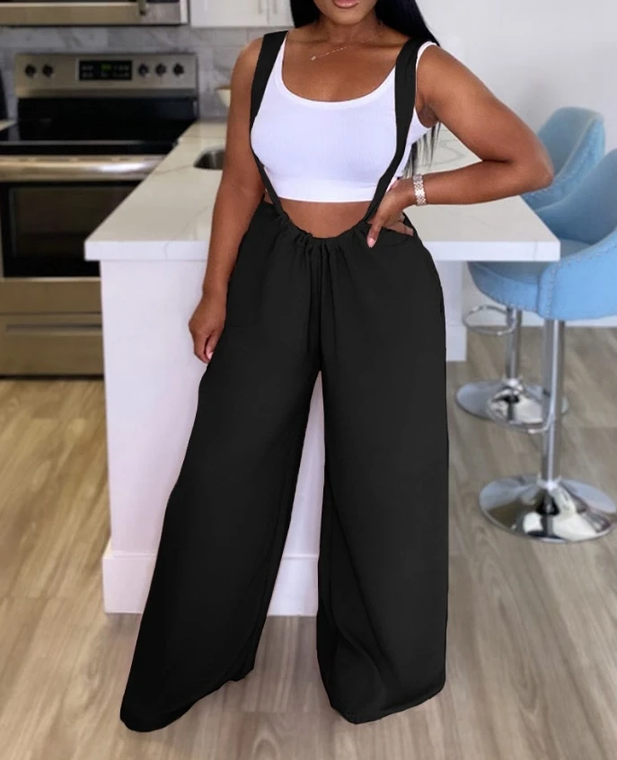 Women's Leisure Jumpsuit 2024 Spring/summer Latest Casual Solid Color Sleeveless Drawing Wide Leg Suspender Romper Bodysuit
