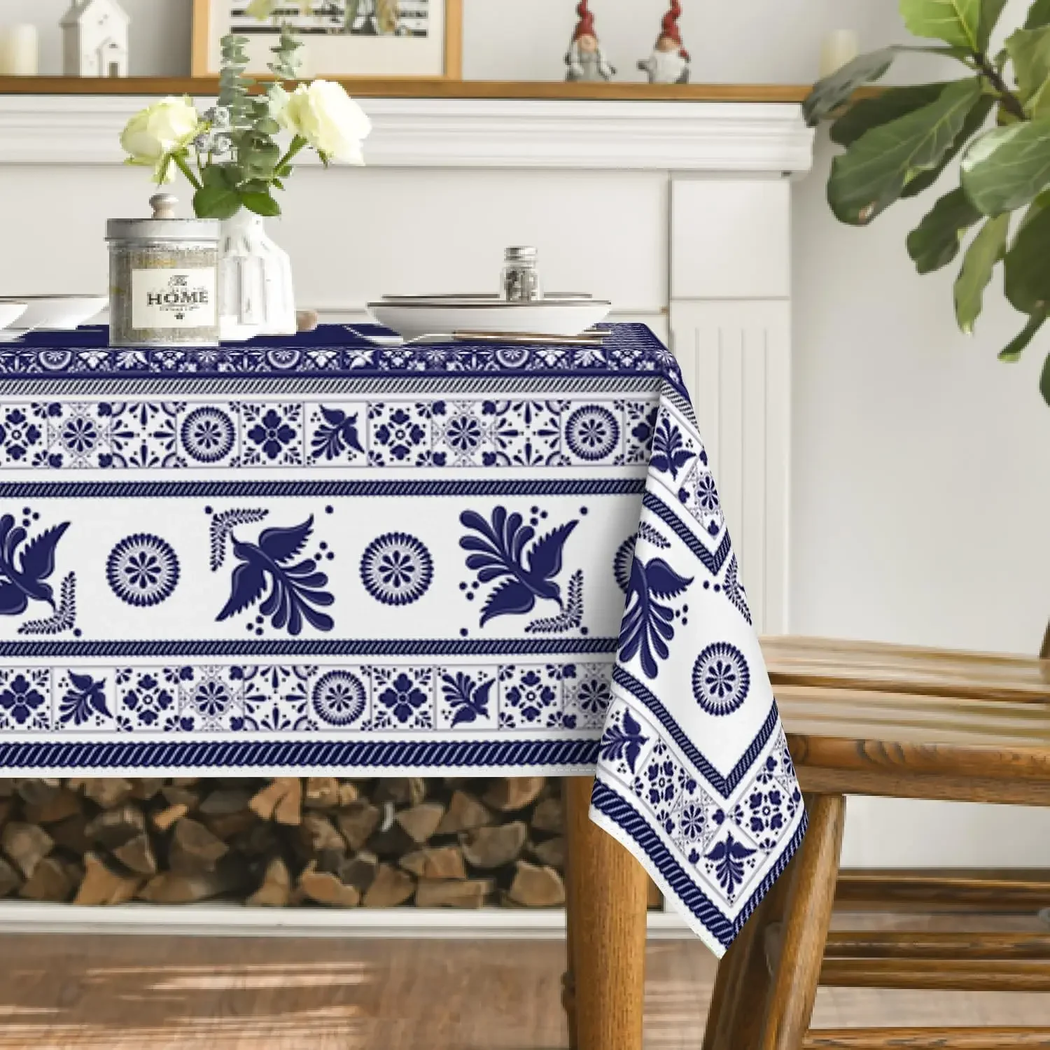 Blue Mexican Floral Birds Rectangle Tablecloth Patchwork Tiles Waterproof Home Party Kitchen Dining Table Cover Decor