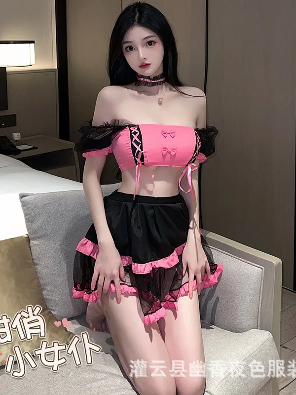 

Sexy Sweet Kroean Women Pure Desire Net Yarn Transparent Sweet Maid Role Play Uniform Dress Elegant Fashion 2024 New S956