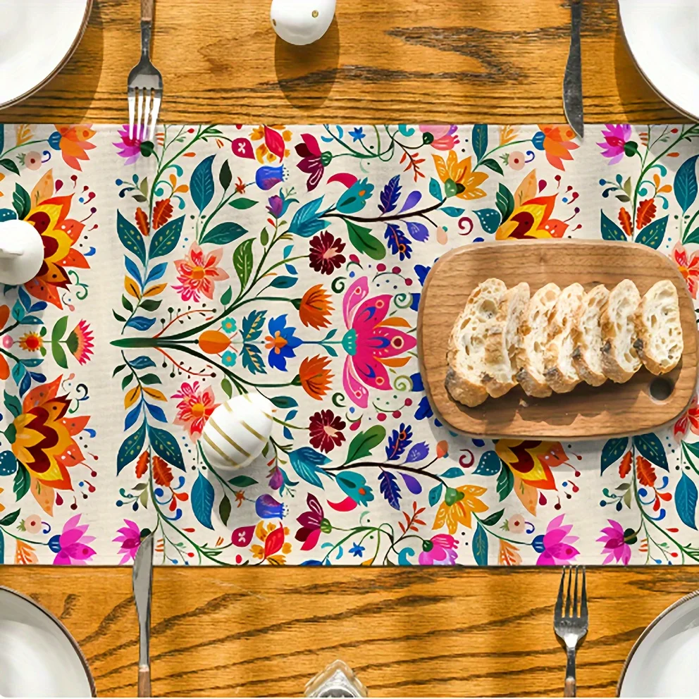 Mexican Day of The Dead Floral Linen Table Runners Holiday Party Decor Reusable Dia De Los Muertos Table Runner Home Decorations 3
