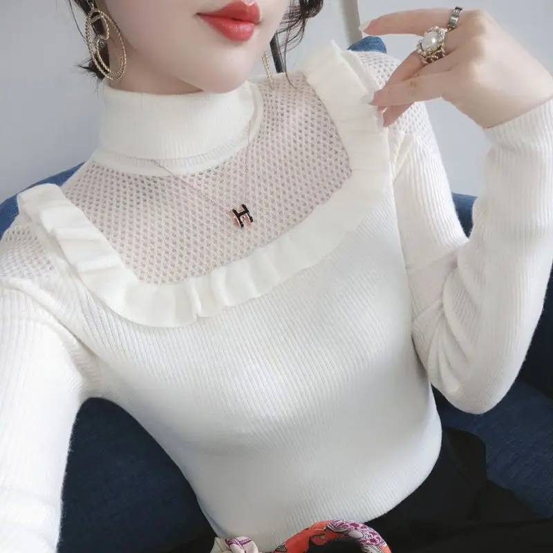 

2023 Autumn and Winter New Temperament Women's Clothing Fashion Hollow Out High Neck Long Sleeve Solid Color Commuting Pullover