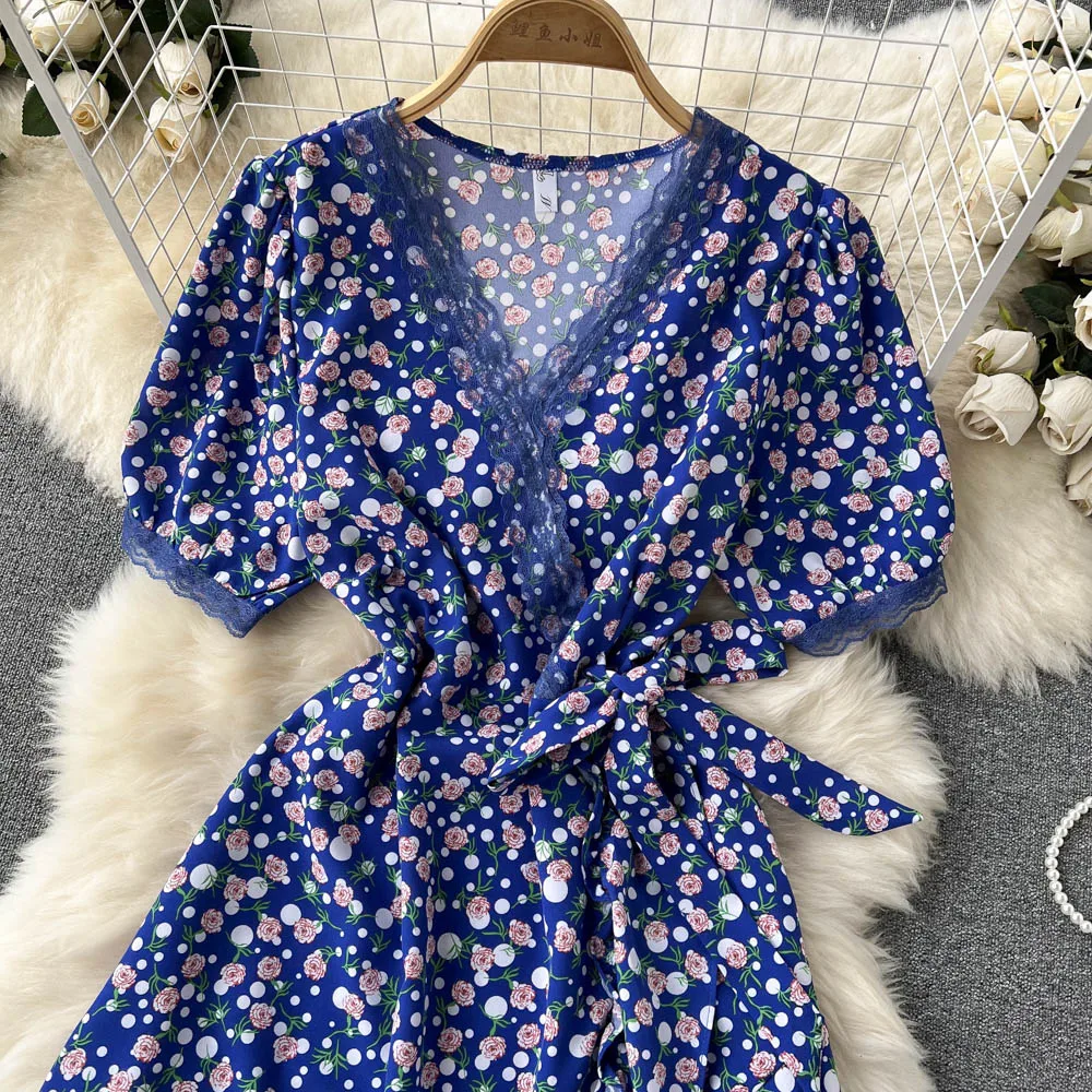 SINGREINY Summer Chiffon Floral Dress Women V neck Lace Bow Sweet Party Sundress Ladies Korean Print Flower Beach Midi Dress sheer bathing suit cover up