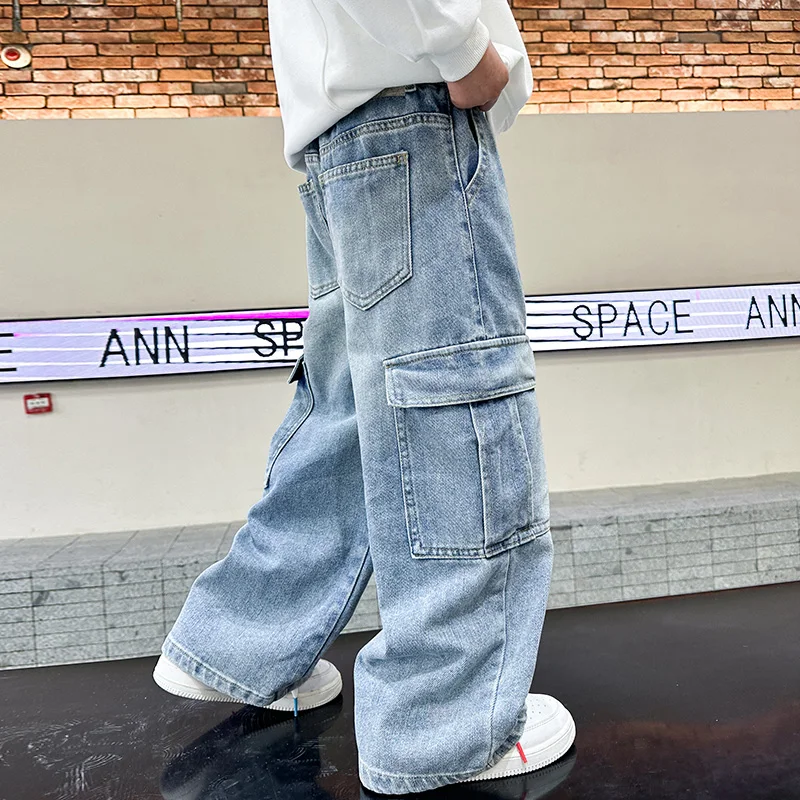 School Boys Casual Cargo Jeans With Pocket Preppy Loose Style Teenage Child Denim Pants High Fashion Kids Jeans Trousers 5-14 Y - Image 2