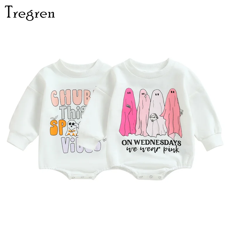 

Tregren 0-18M Newborn Baby Halloween Romper Fall Long Sleeve Crew Neck Ghost Letters Print Bodysuit for Infant Girls Boys