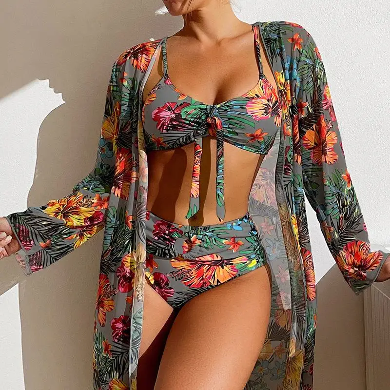 Women Bikini Set Three Pieces Floral Printed Swimsuit Mesh Long-Sleeved Blouse Bra Top with Pad Size S-3XL