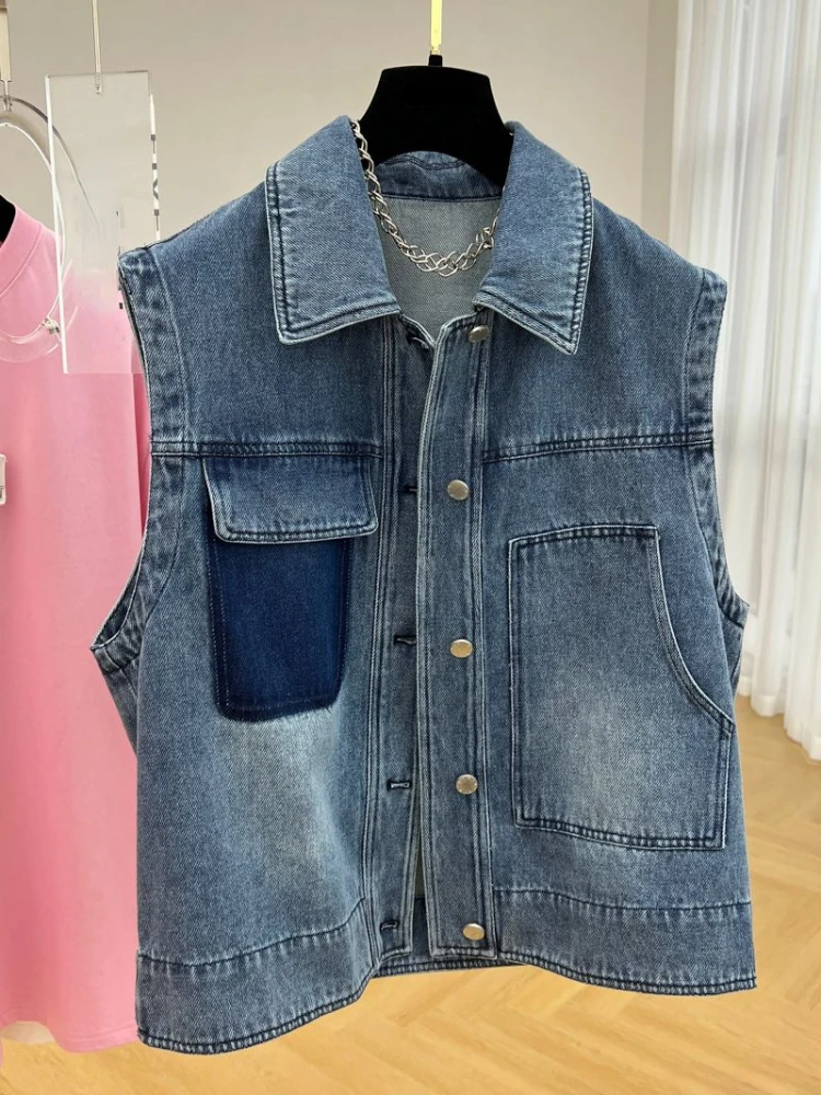 

Fitaylor New Spring Summer Women Vintage Lapel Single Breasted Denim Vest Female Fashion Casual Sleeveless Jean Jacket Outwear