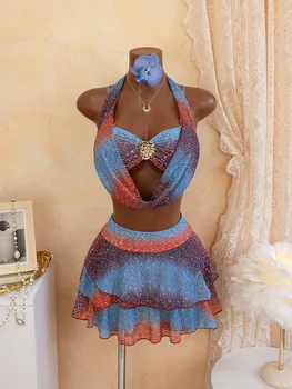 Sexy Blue Gradient Bikini Set 2026 Women Metal 3D Flower Push Up High Waist Pleate Skirt Swimsuit Holiday Bathing Suit Swimwear 1