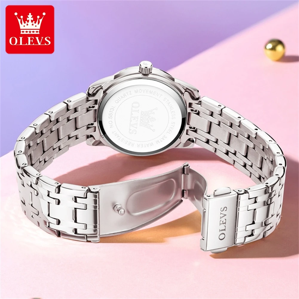 OLEVS Luxury Quartz Watch for Women Stainless Steel Waterproof Luminous Dual Calendar Dial Wristwatches Bracelet Gift Set Reloj