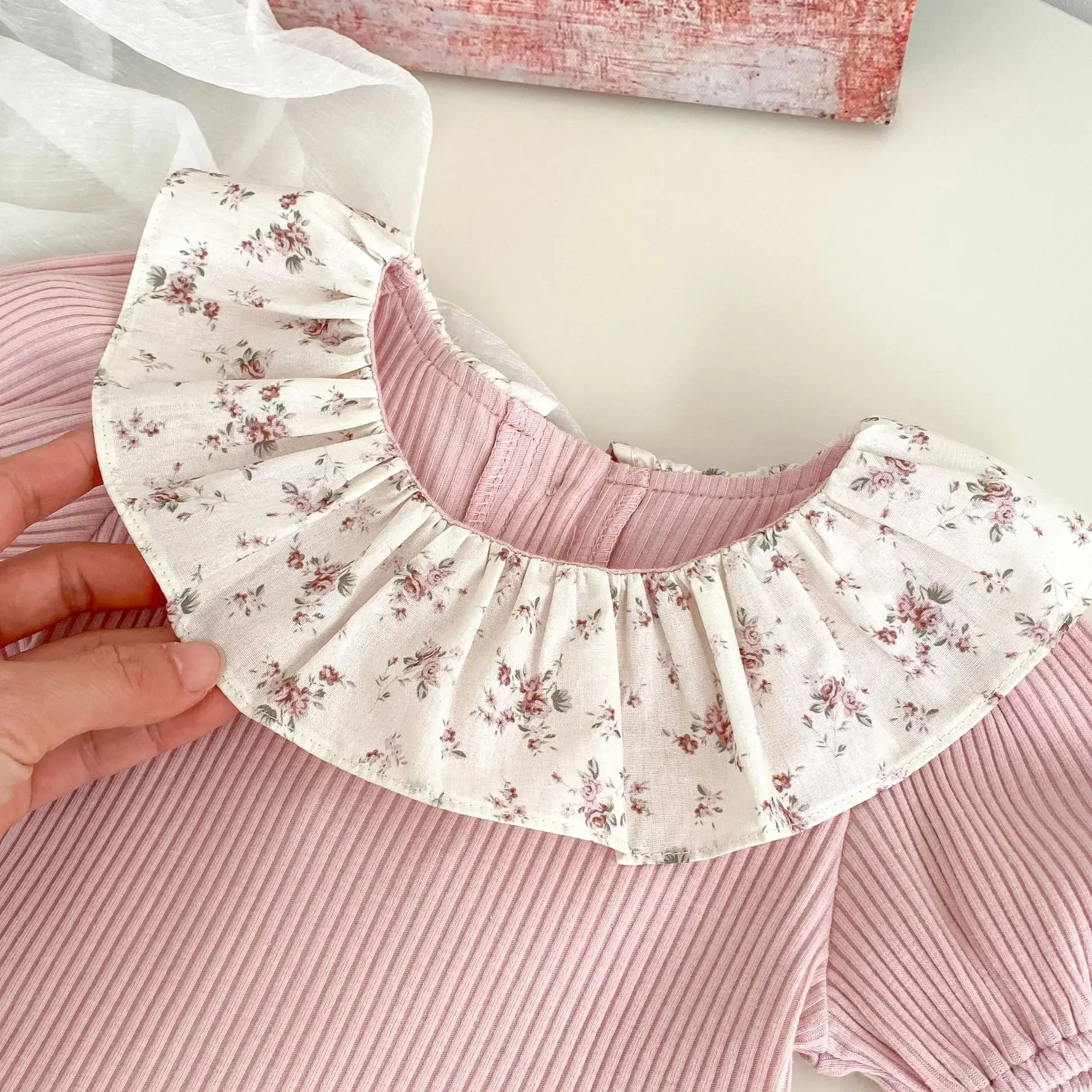 Cotton Baby Girl Summer Set Ruffled Collar Sleeveless Top Bloomers