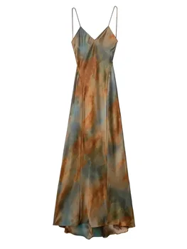 ZADATA 2024 Summer New Women's Open Back Sleeveless Dress Fashion Satin Mid Length Dress Printed Sexy V Neck Sling Dress 1